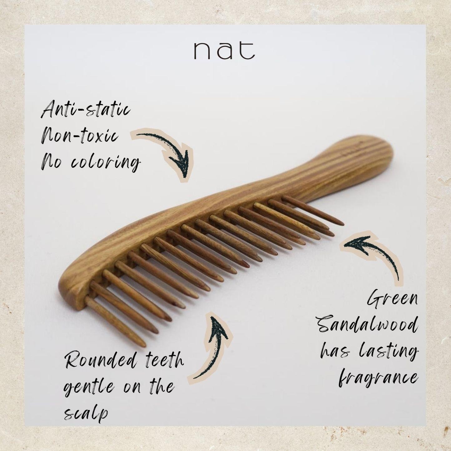 NAT PREMIUM Natural Green Sandalwood Hair Detangler Anti-Static Smooth and Care Comb - 9928