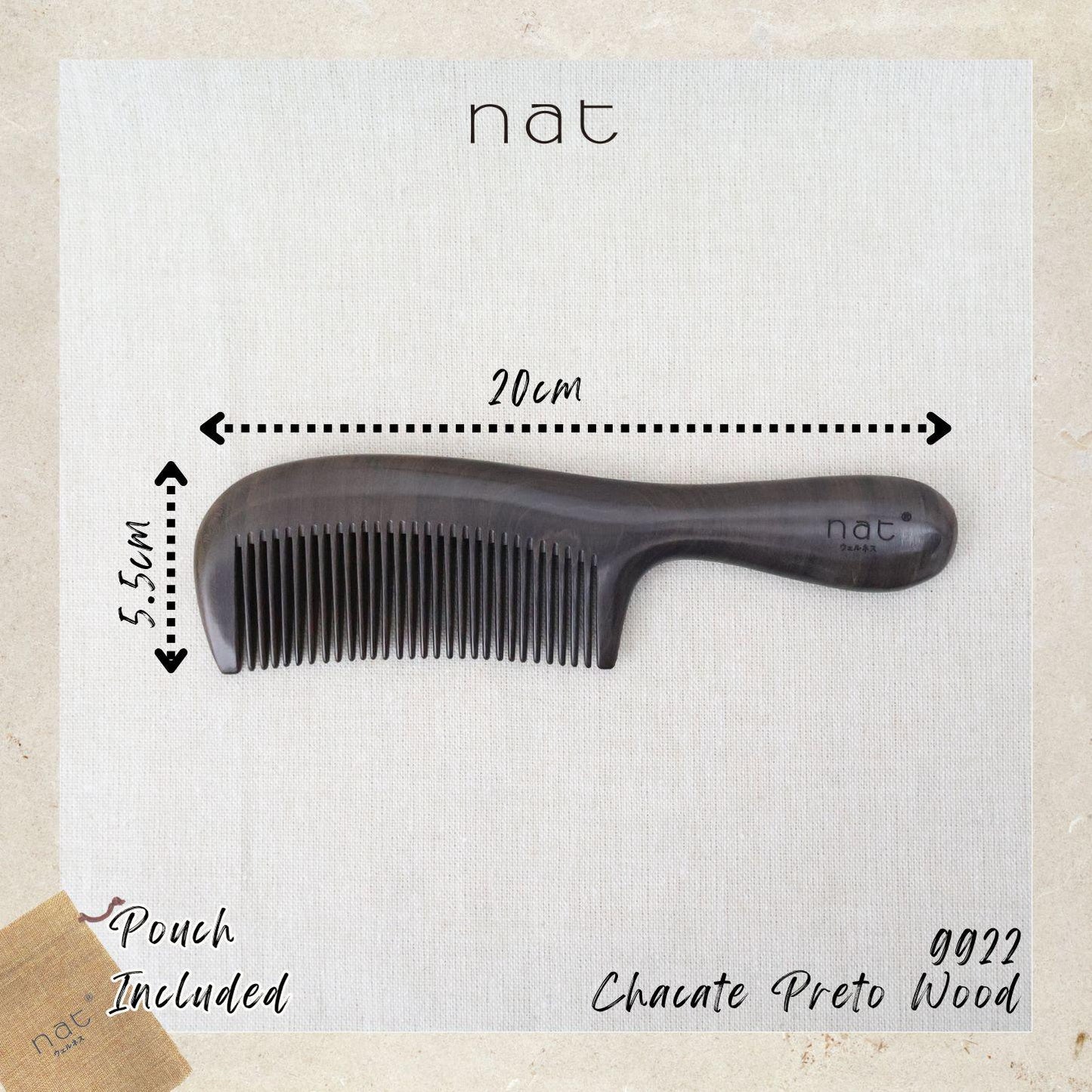 NAT Natural Chacate Preto Wooden Wood Narrow Tooth Premium Anti-Static Detangle Comb - 9922