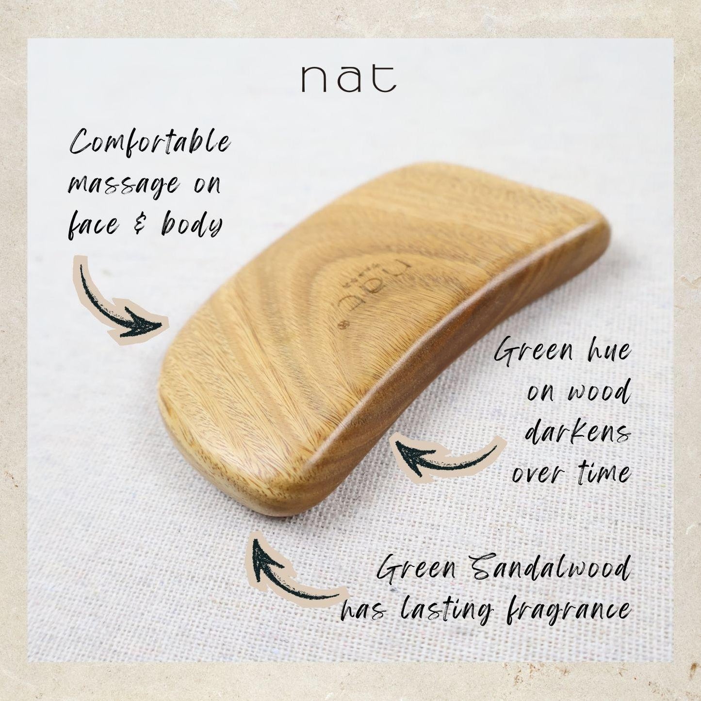 NAT Natural Gold Sandalwood Wood Wooden Gentle Detangle Massage Anti-Static Slab Design Gua Sha - 9942