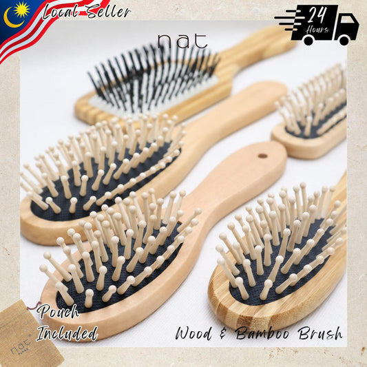 NAT Natural Wood & Bamboo Anti-Static Non-Toxic Hair Scalp Massaging Brushes